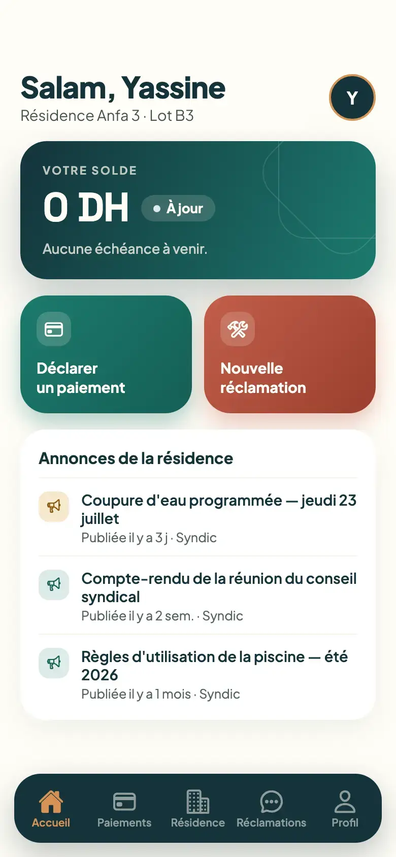 Écran d’accueil mobile de Syndic 212