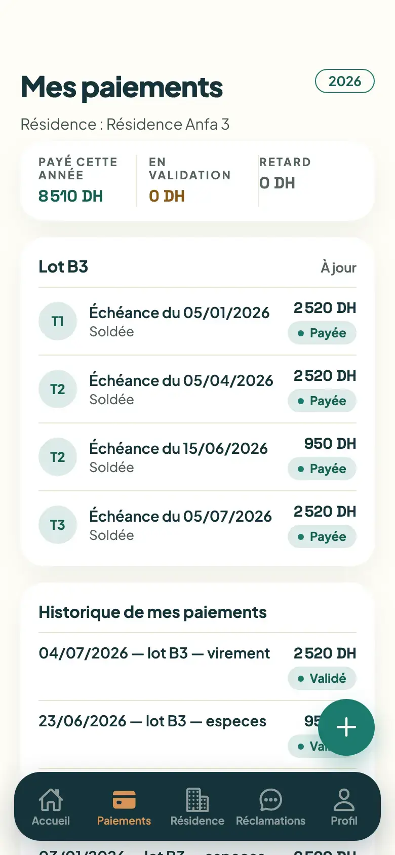 Interface mobile Syndic 212 — Chaque cotisation, chaque paiement, chaque reçu.
