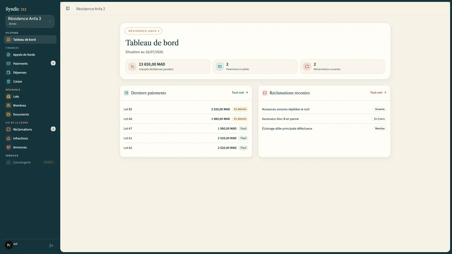 Console web Syndic 212 — tableau de bord du syndic